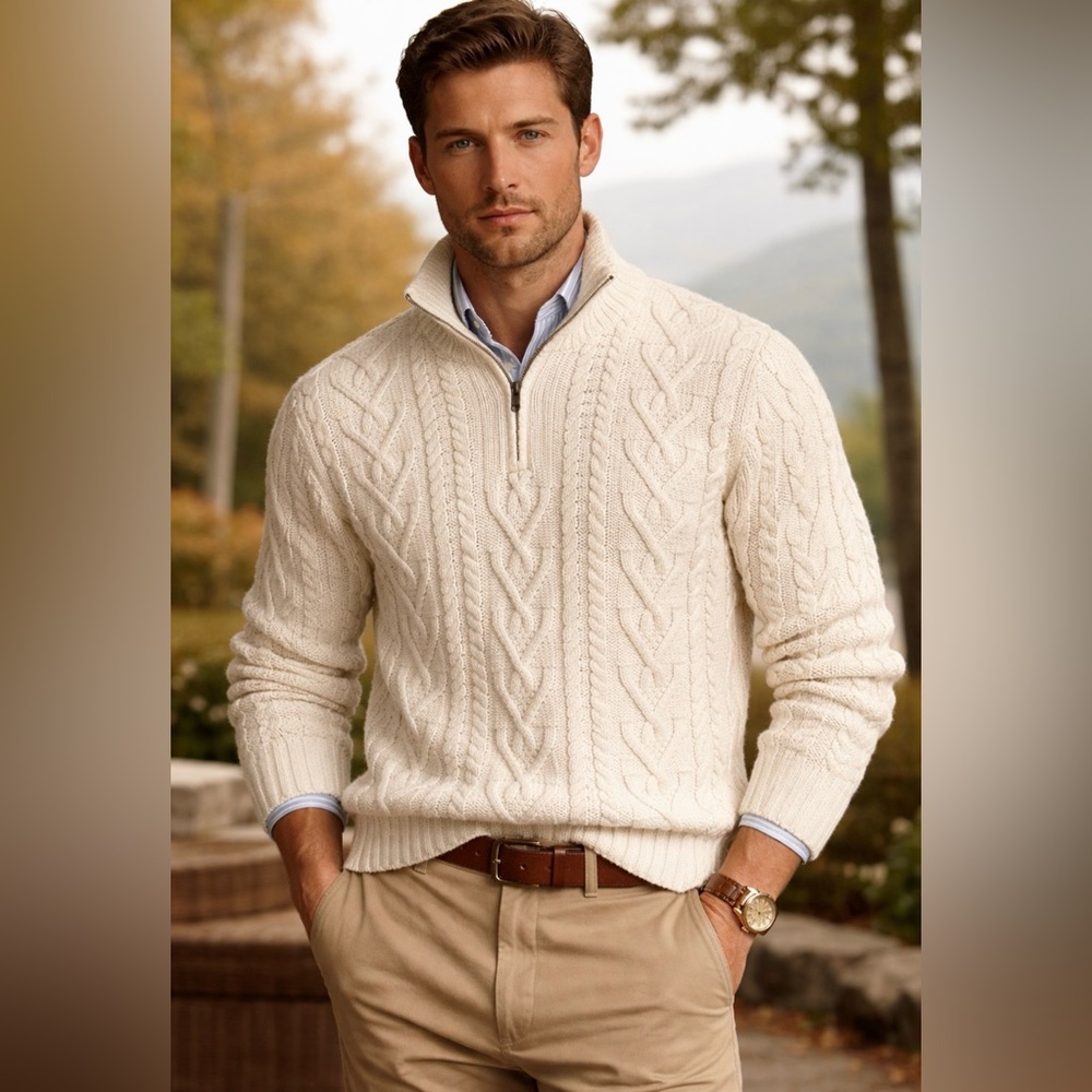 Cream Cable Knit Fisherman Sweater L Wool Saol Zip Collar Turtleneck White Ivory